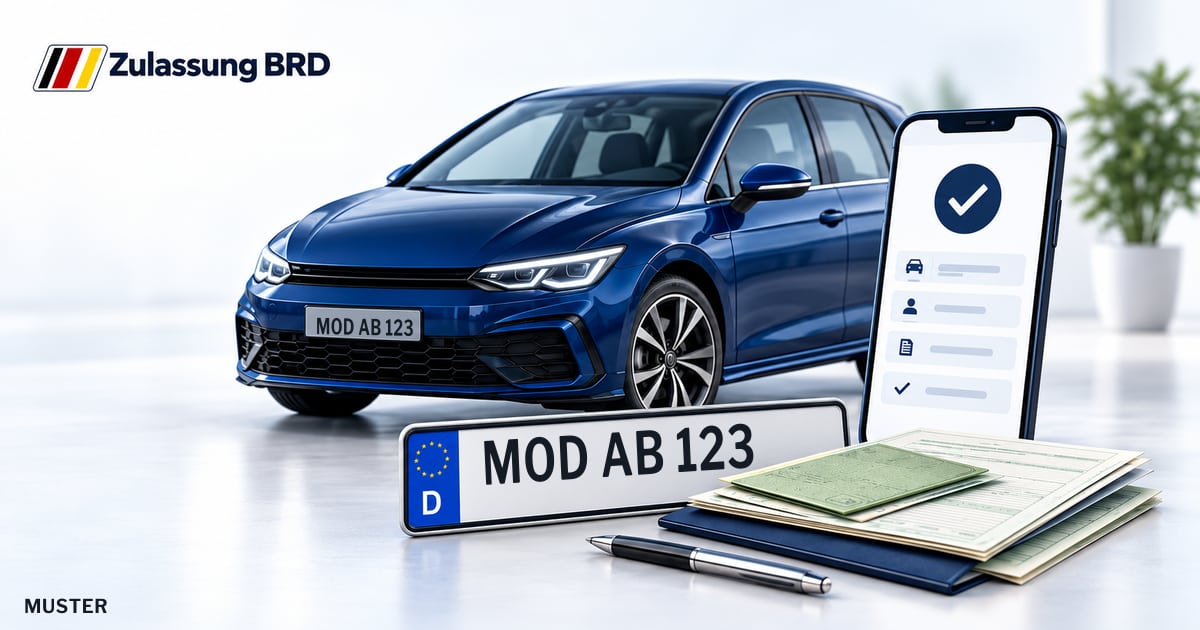 Online Fahrzeugzulassung in Landkreis Ostallgäu: Musterkennzeichen MOD AB 123, Auto und Fahrzeugpapiere und Smartphone. Illustration mit Logo von Zulassung BRD.